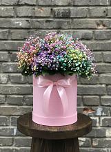 Цветочная композиция из Гипсофила и Розы в шляпной коробке в Топках