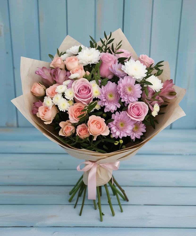 Букет цветов из: Хризантемы, Розы и Альстромерии в Топках