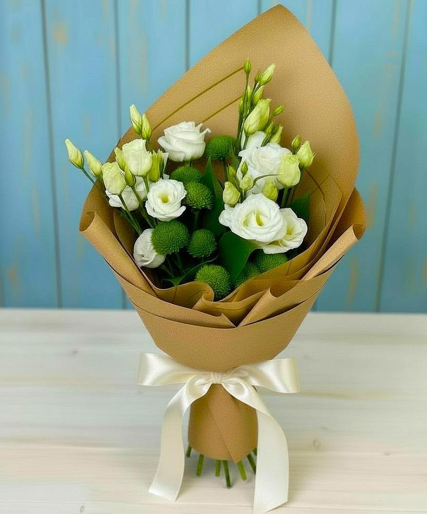 Букет цветов из: Хризантемы и Лизиантусы в Топках