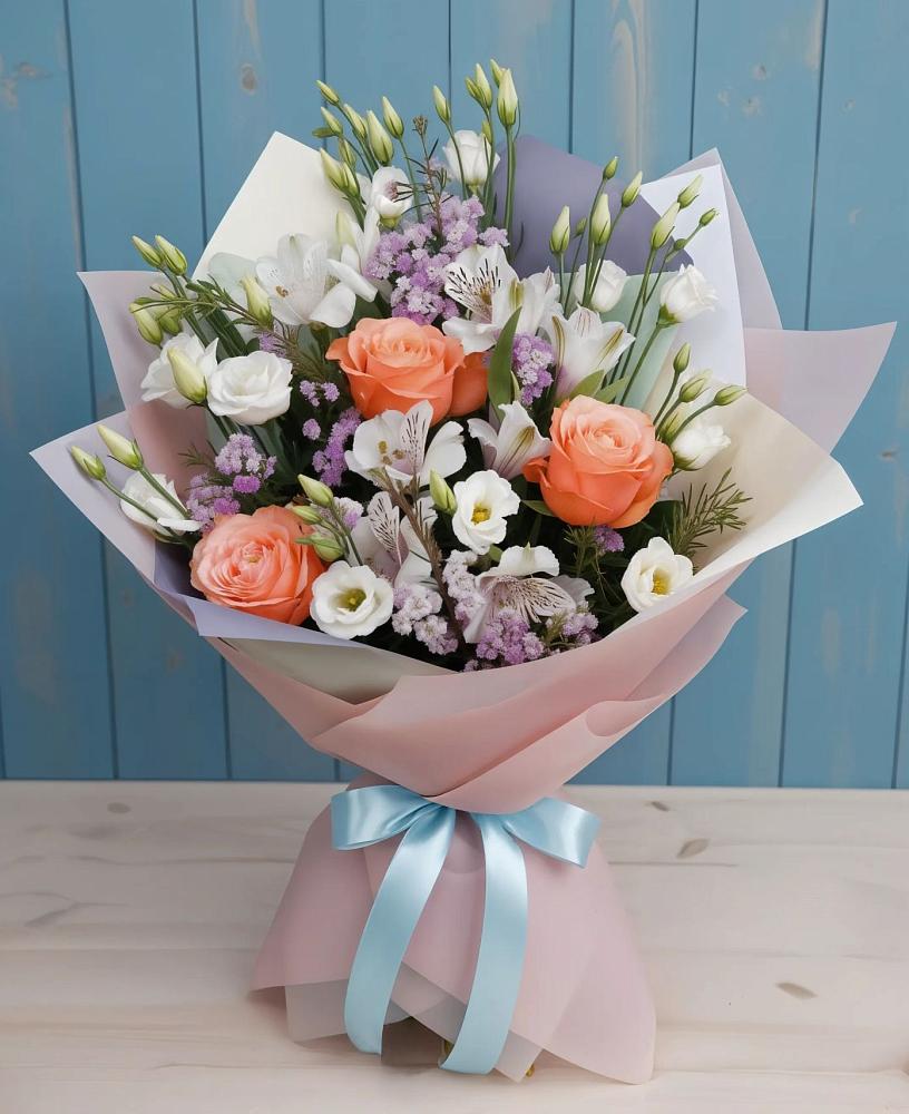Букет цветов из: Лизиантусы, Розы, Альстромерии и Гипсофила в Топках