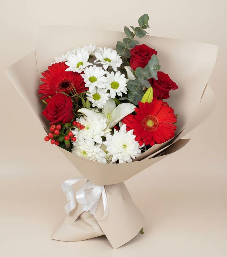 Букет цветов из: Розы, Хризантемы, Герберы и Лилии в Топках