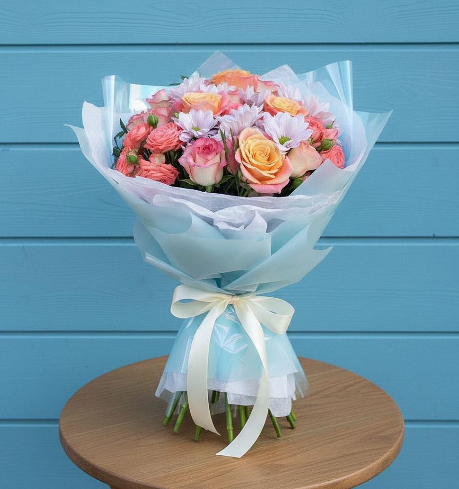 Букет цветов из: Хризантемы и Розы в Топках