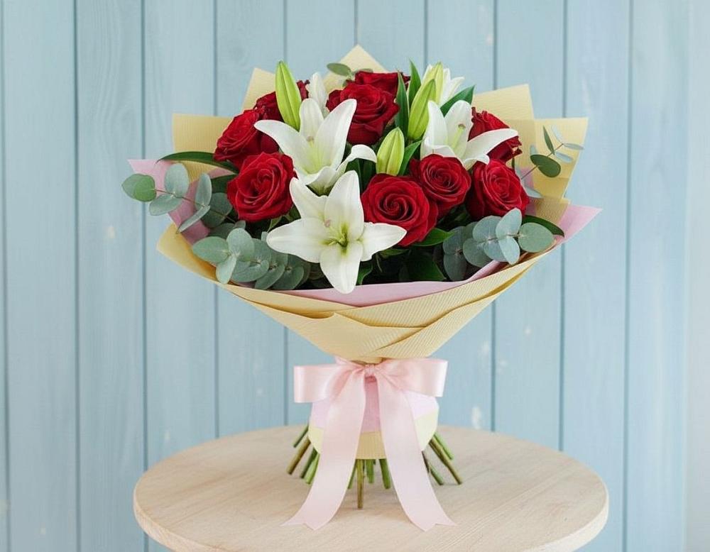 Букет цветов из: Лилии и Розы в Топках
