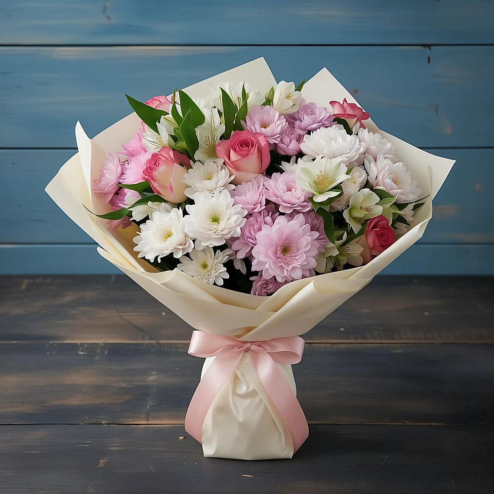 Букет цветов из: Хризантемы, Альстромерии и Розы в Топках